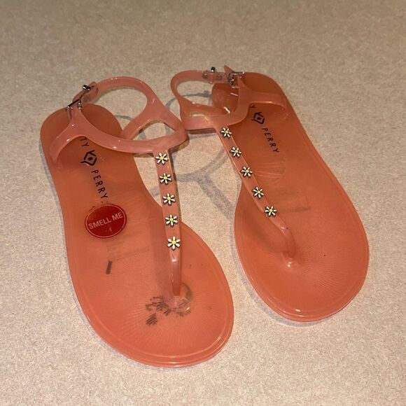 KATY PERRY Pink Jelly T Strap Floral Embellished Sandals - Picture 1 of 4